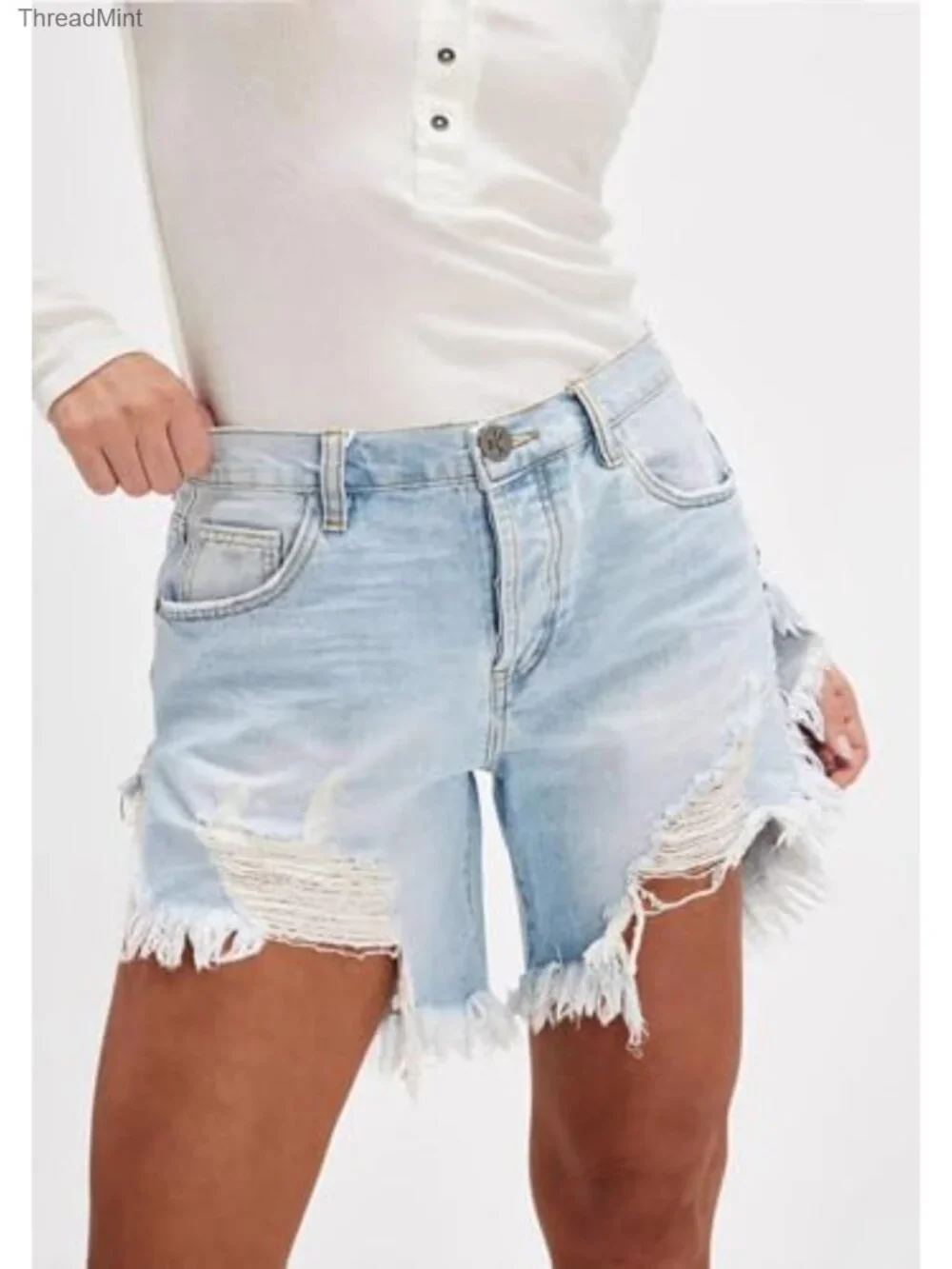 High Waisted Distressed Denim Shorts for Women, Ripped Fringe Long Baggy Jean